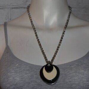 Beautiful silver statement necklace with black and cream pendant 24"